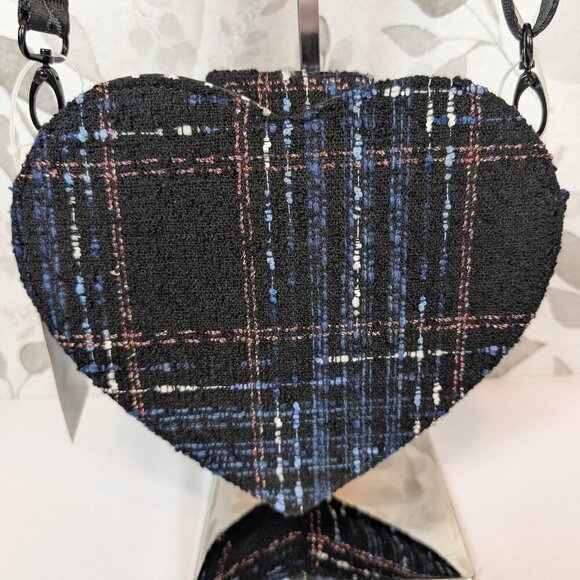 Betsey Johnson multicolor tweed plaid heart crossbody w guitar strap - Picture 6 of 7